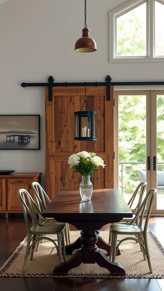 A farmhouse dining room featuring a wooden barn door, a rustic dining table with chairs, and a vase of flowers.