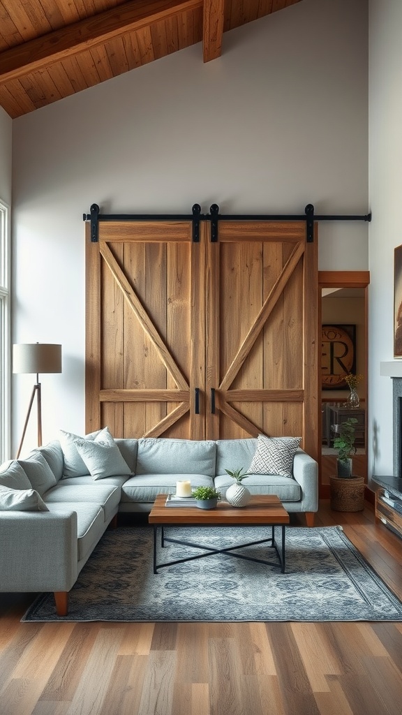 Living room featuring large wooden barn doors, a cozy sectional sofa, and a coffee table.