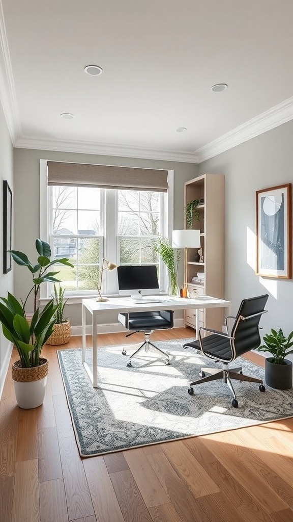 A bright and modern office space featuring Bayside SW 7614 paint color on the walls, with plants and stylish furniture.