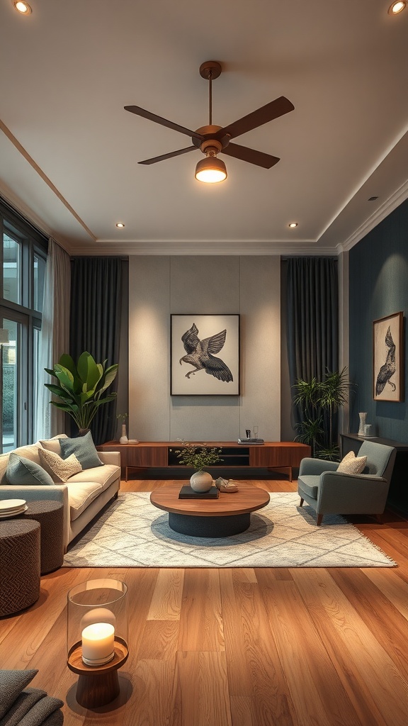 Cozy living room with stylish lighting and comfortable furniture.