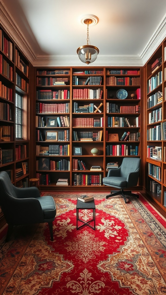 A cozy library corner with a patterned red rug, two chairs, and bookshelves filled with books.