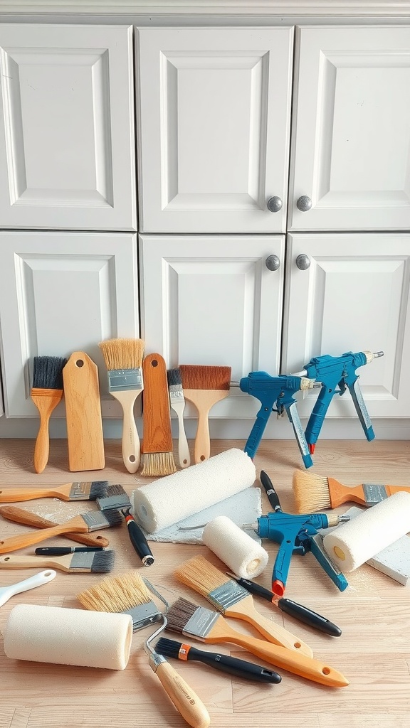 A variety of painting tools including brushes, rollers, and sprayers on the floor in front of white kitchen cabinets.
