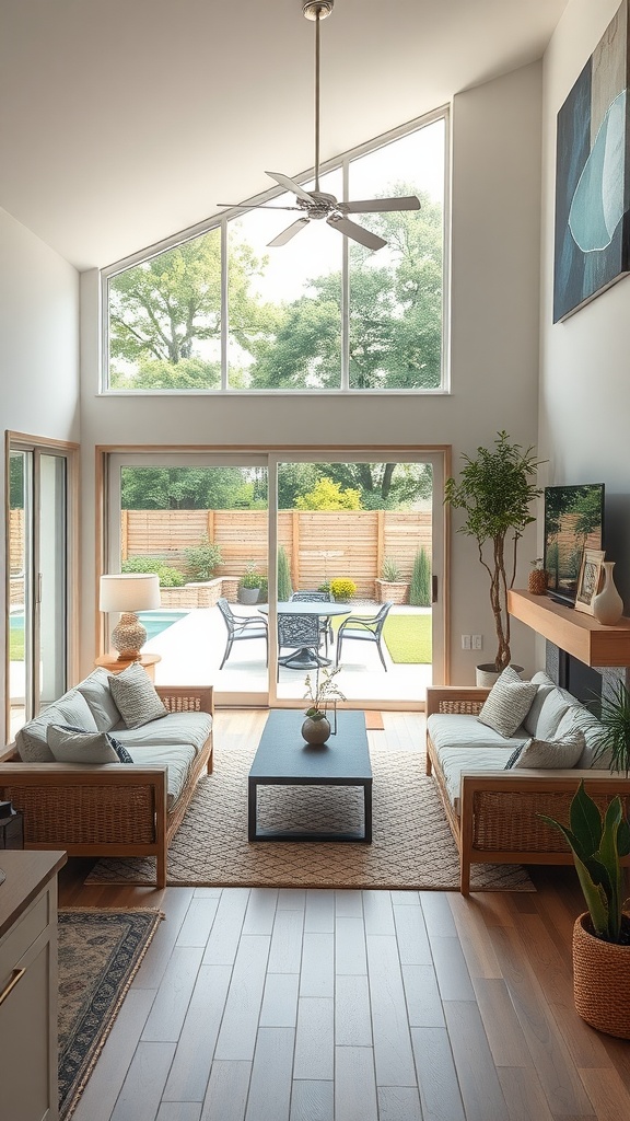 Bright living room with large windows, cozy sofas, and a view of an outdoor patio.