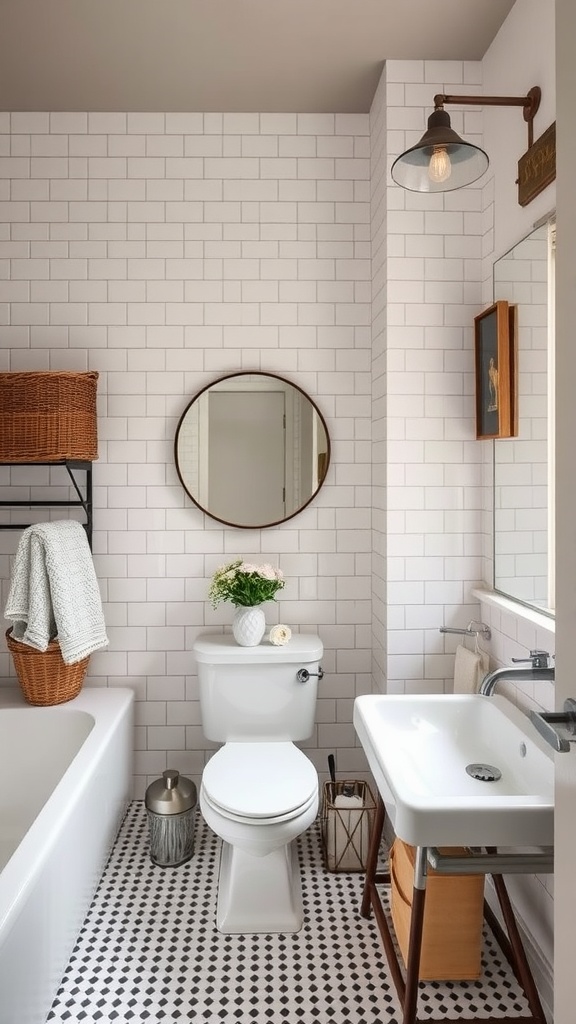 A small transitional bathroom featuring white subway tiles, a round mirror, modern sink, and vintage elements.