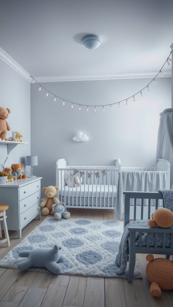 A softly decorated nursery featuring blue gray walls, cozy teddy bears, and playful decorations.