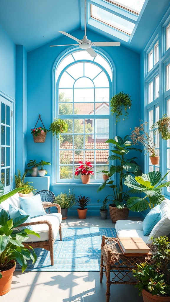 Bright blue sunroom with plants and natural light