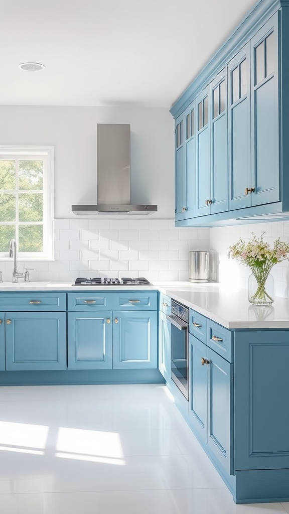 A bright kitchen featuring Blue Horizon SW 6513 cabinets, white countertops, and natural light