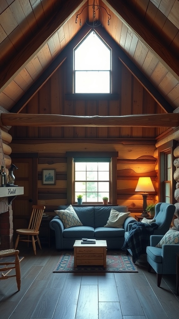 Cozy cabin interior with blue gray furniture, wooden beams, and natural light.