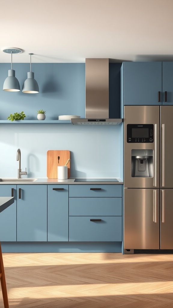 Modern kitchen featuring Blue Smoke cabinetry and stainless steel appliances