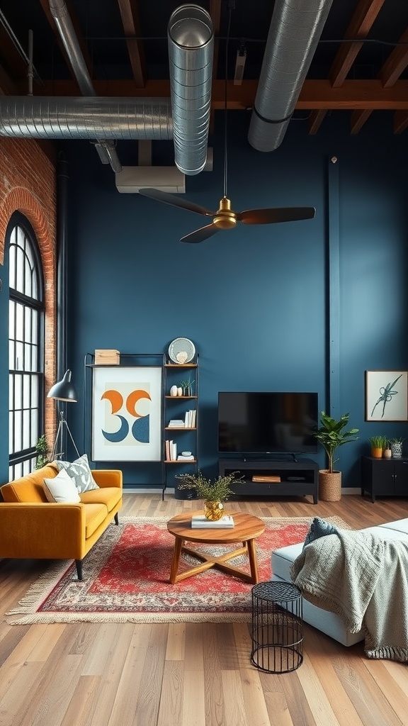 A modern living room with blue-gray walls, wooden flooring, and stylish furniture.