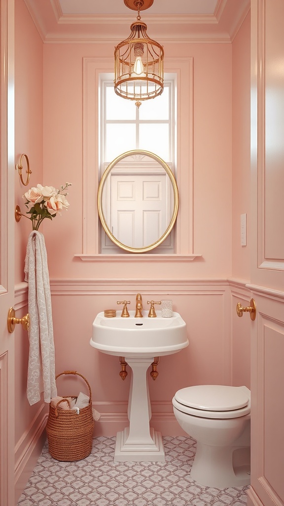 A small bathroom with blush pink walls, gold accents, and a vintage mirror.