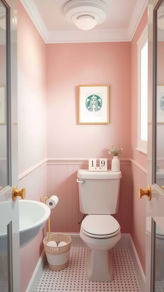 Small bathroom with blush pink walls, white fixtures, and golden accents.