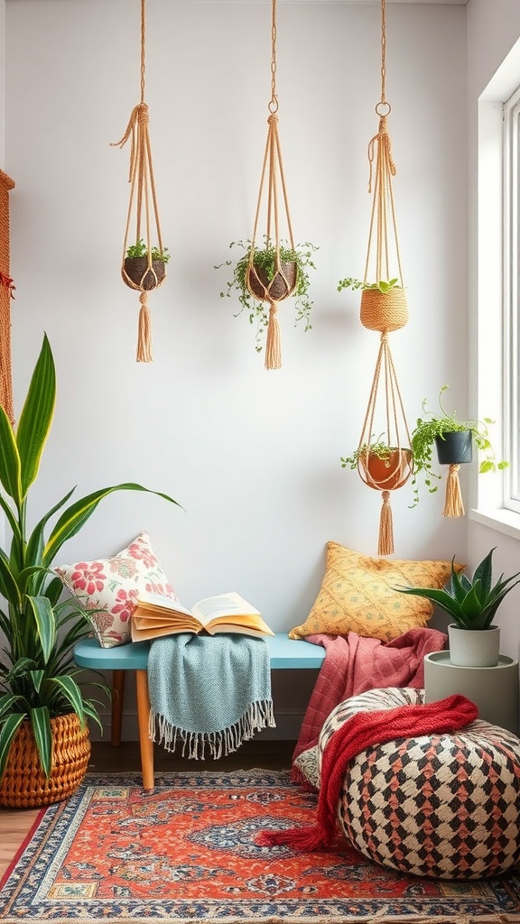 Cozy reading nook with macrame hangers, plants, colorful pillows, and a blue bench.