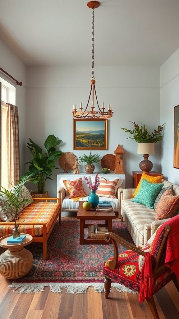 Bohemian living room-dining room combo with vibrant colors, cozy textiles, and plants.