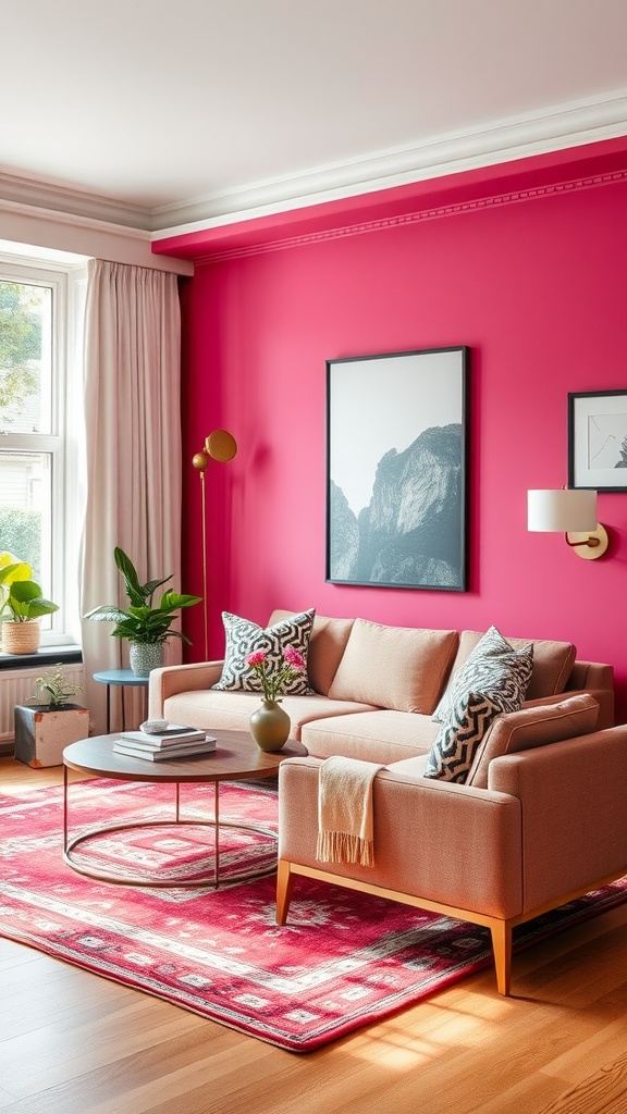 Living room featuring a bold pink accent wall, modern furniture, and decorative plants