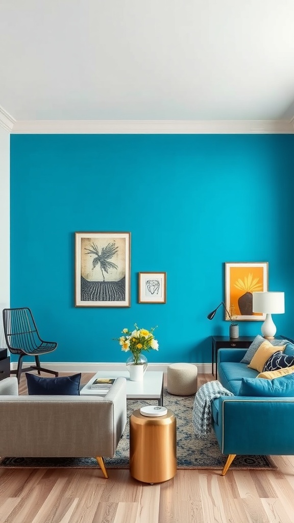 A living room with a bold turquoise accent wall and stylish furniture.
