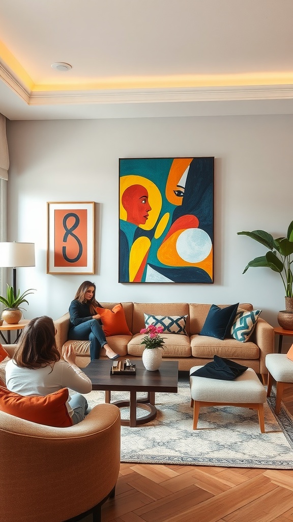 A modern farmhouse living room featuring bold abstract artwork, cozy seating, and vibrant colors.