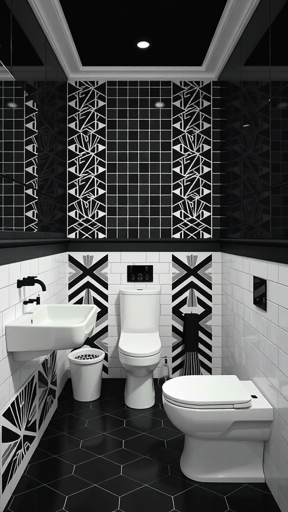 A modern bathroom featuring a bold black and white color palette with patterned tiles.