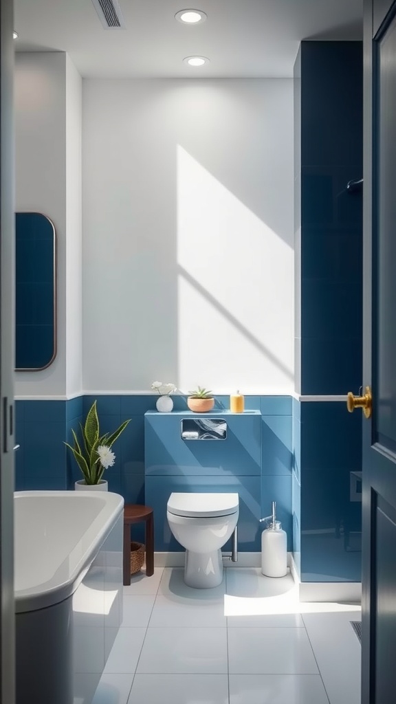 A serene bathroom featuring deep blue tiles, plants, and natural light.