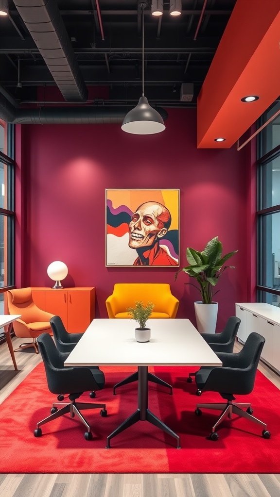 A vibrant office space featuring purple walls, orange accents, a white table, black chairs, and a yellow armchair, with a skull art piece on the wall.