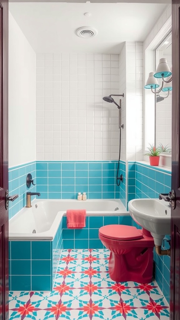 A modern bathroom with bright blue tiles, a red toilet, and geometric patterned flooring.