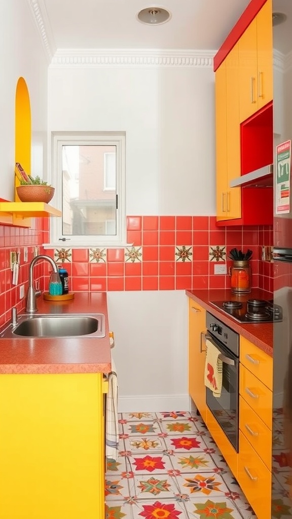 A small modern kitchen with bright yellow cabinets and red tiled walls.