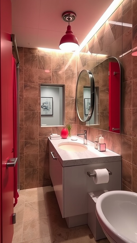 A modern bathroom with red lighting fixtures and earthy tile walls.
