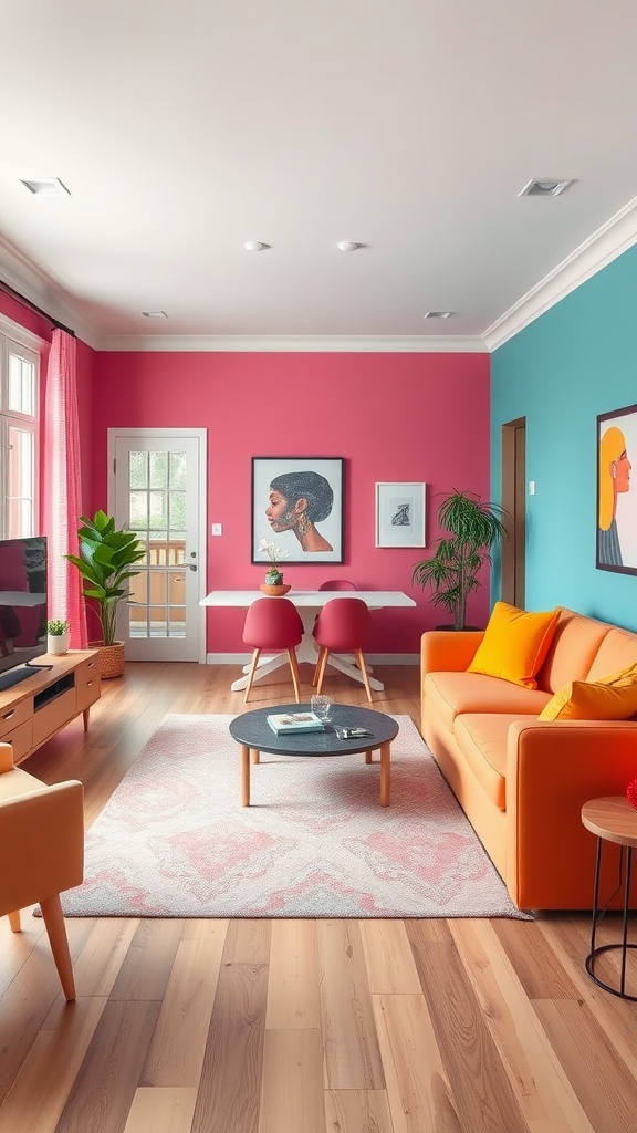 A colorful living room-dining room combo with pink and blue walls, orange sofa, and vibrant decor.