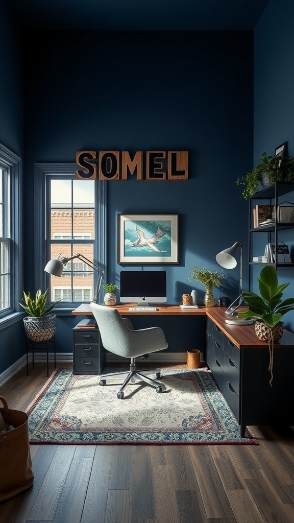 A stylish masculine home office with deep blue walls, wooden furniture, and plants.