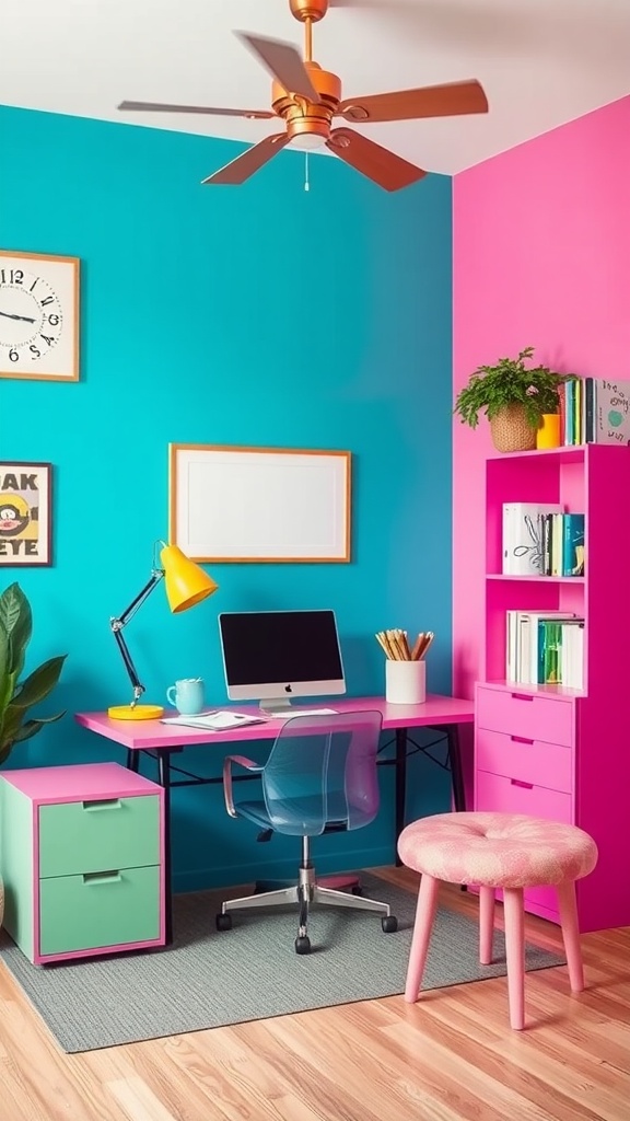 A colorful home office workspace with turquoise and pink walls, a pink desk, clear chair, and decorative plants.