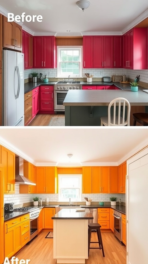 Before and after kitchen remodel showing a transformation from red to orange cabinetry.