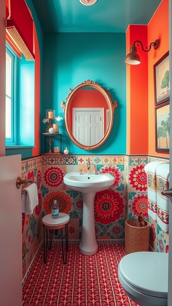 A small bathroom featuring teal and orange walls with floral tiles and a round mirror.