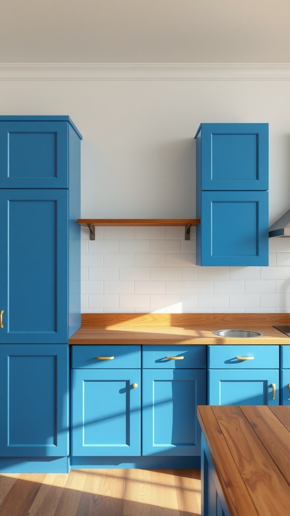 A kitchen featuring bold blue cabinets and a wooden countertop.