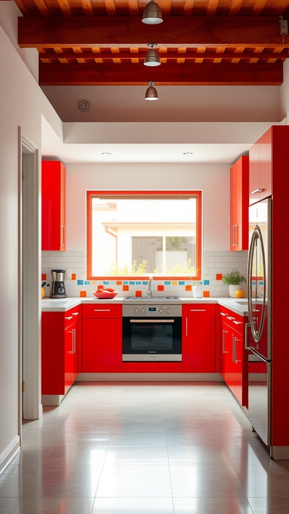 A kitchen with bright red cabinets and colorful tile accents