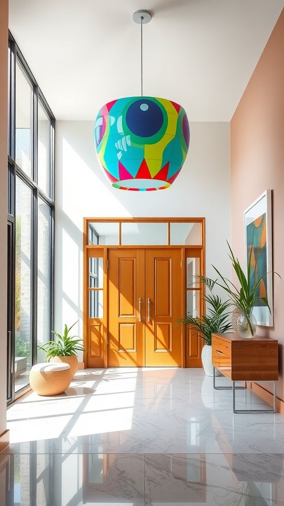 A colorful pendant light hanging in a modern foyer with large windows and wooden doors.