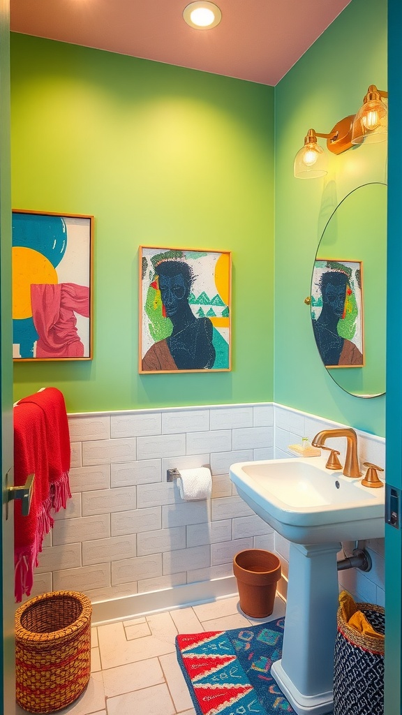 A vibrant guest bathroom with green walls, artistic wall decor, and stylish fixtures.