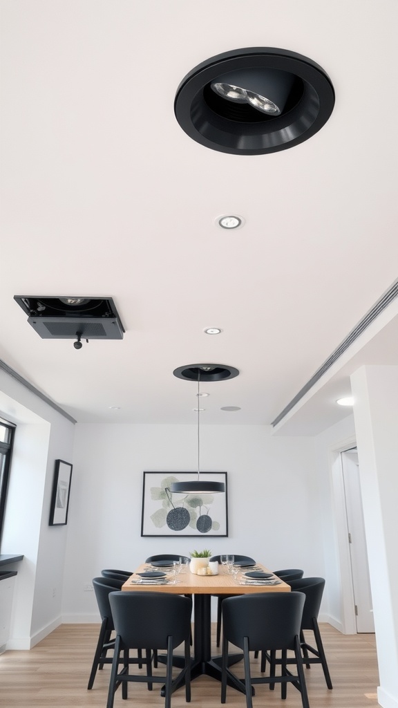 Dining room with black trimmed recessed lights and a modern table setting.