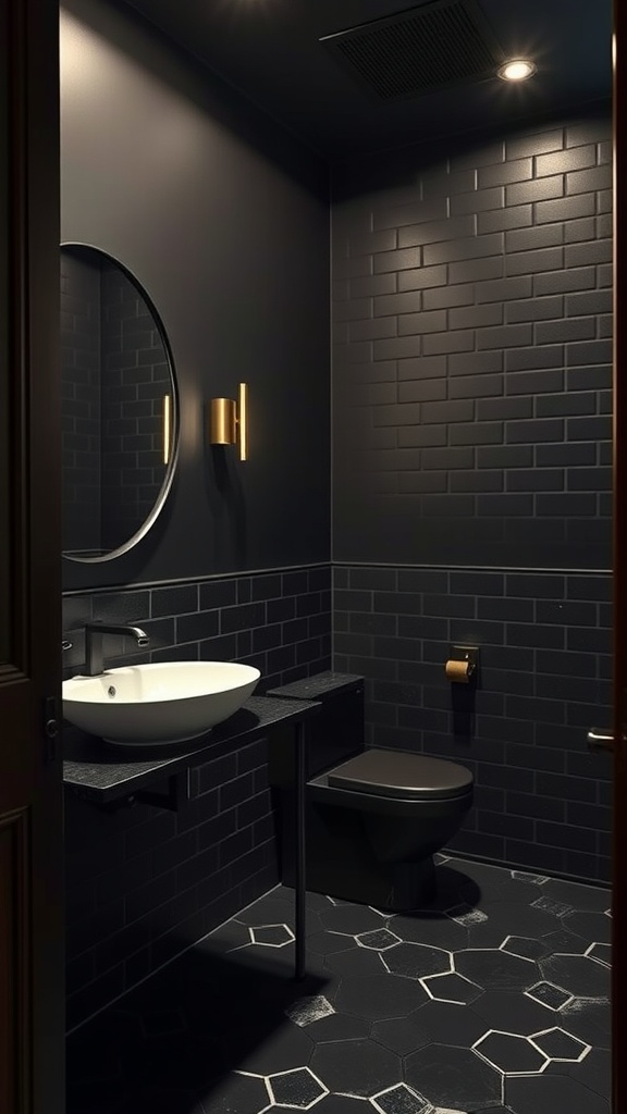 A modern bathroom featuring dark walls, a round mirror, and gold fixtures.