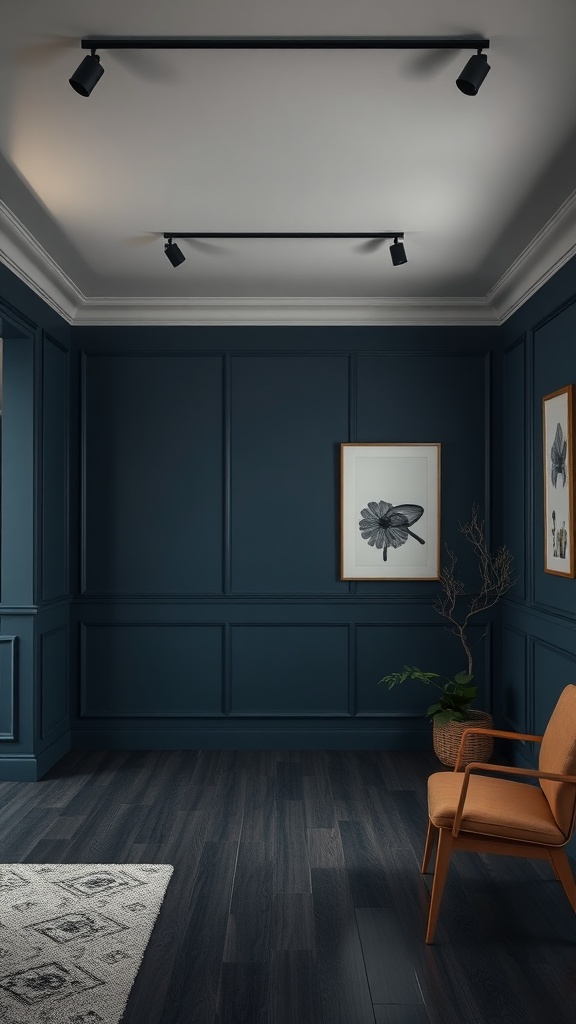 A dark room with navy blue walls, featuring a wooden floor, warm lighting, and a stylish orange chair.