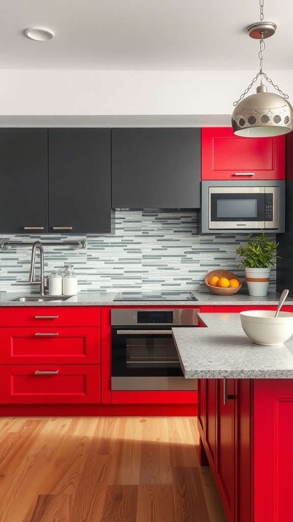 A modern kitchen featuring bold red and charcoal gray cabinets with a stylish backsplash.