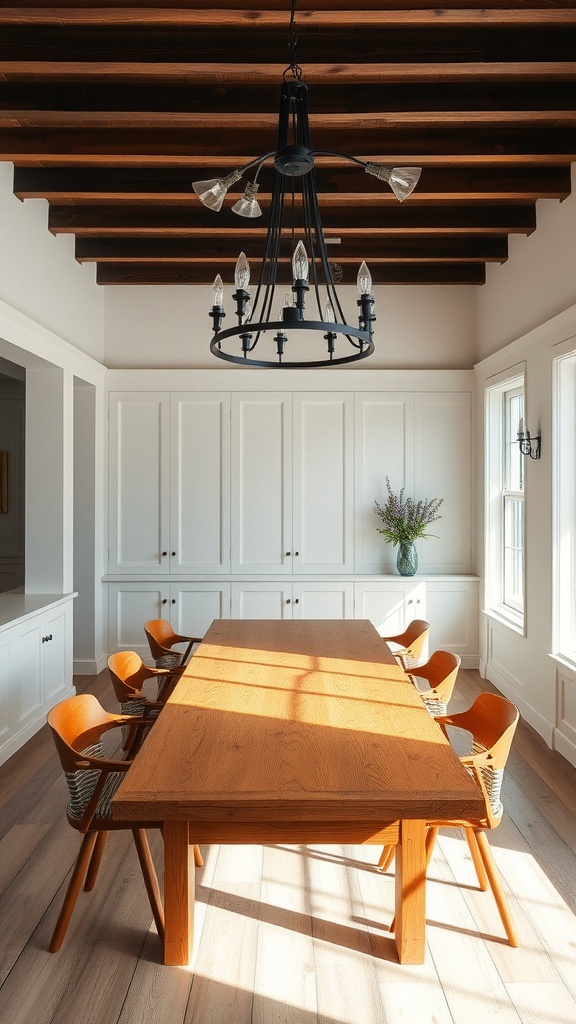 A modern farmhouse dining room featuring a black chandelier and a large wooden table with orange chairs.