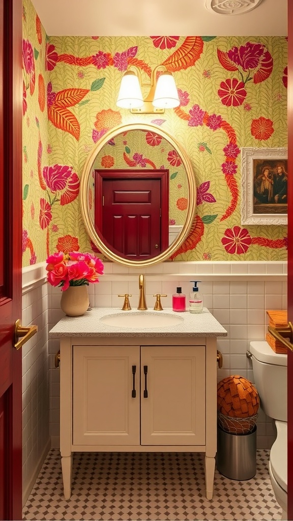 A small bathroom featuring bold floral wallpaper, a round mirror, and a simple vanity with pink flowers.