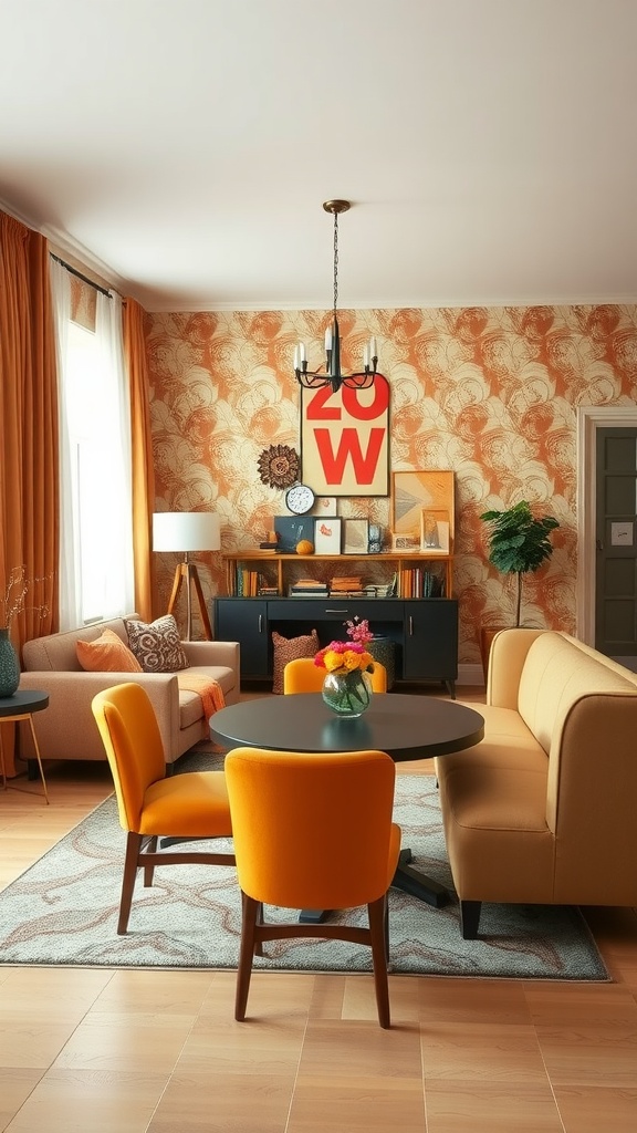 Cozy living room and dining room combo with bold wallpaper and vibrant furniture.