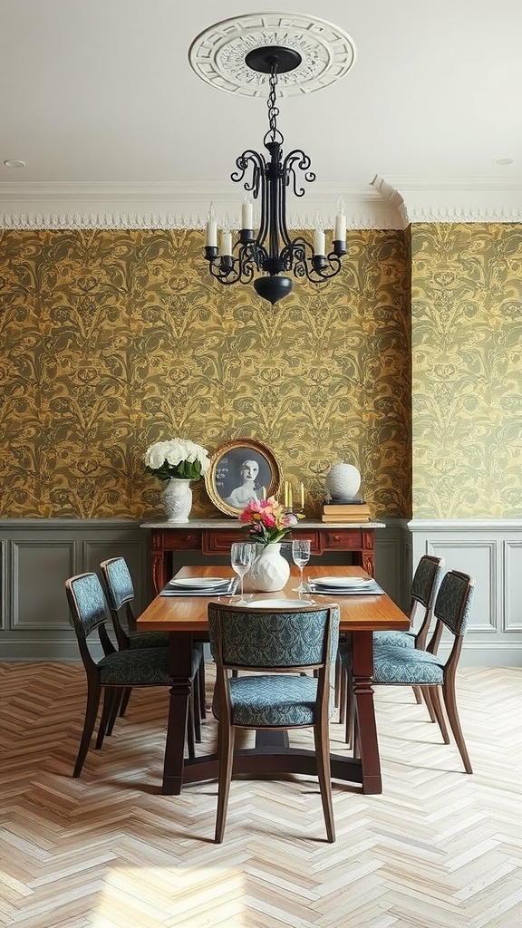 A cozy farmhouse dining room with bold floral wallpaper, a wooden table, and elegant chairs.