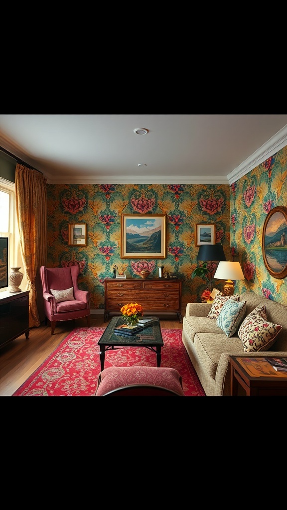 A cozy living room with bold floral wallpaper, a comfortable sofa, and a stylish dining space.