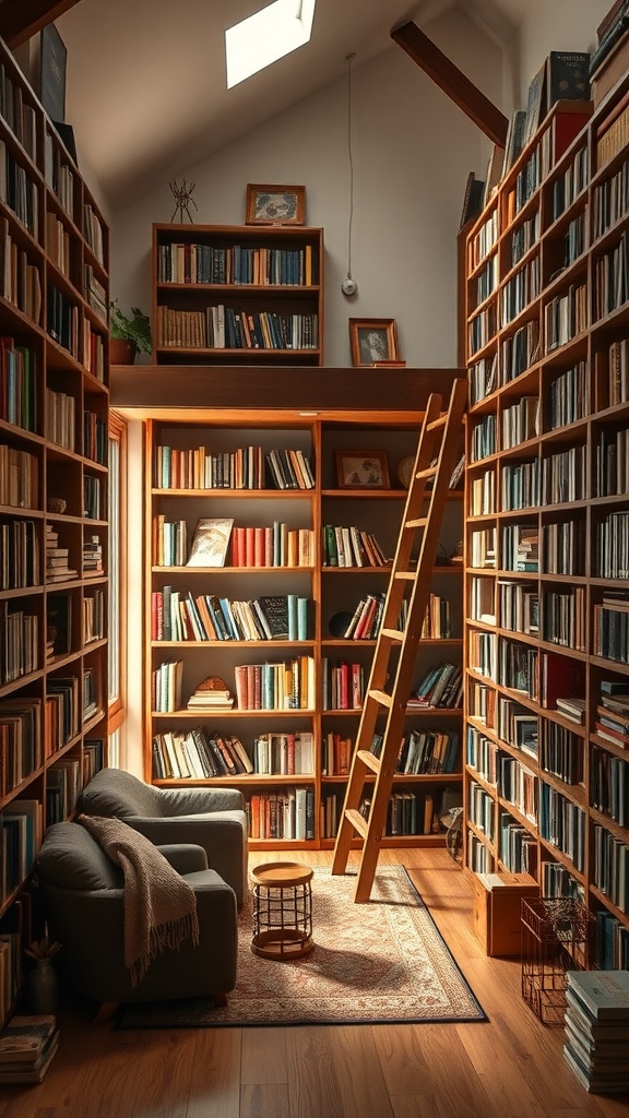 A cozy reading corner with a comfortable chair, small table, and tall bookshelves filled with books.