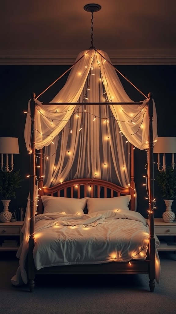 A cozy canopy bed with warm fairy lights draped around soft fabric, creating a magical atmosphere.