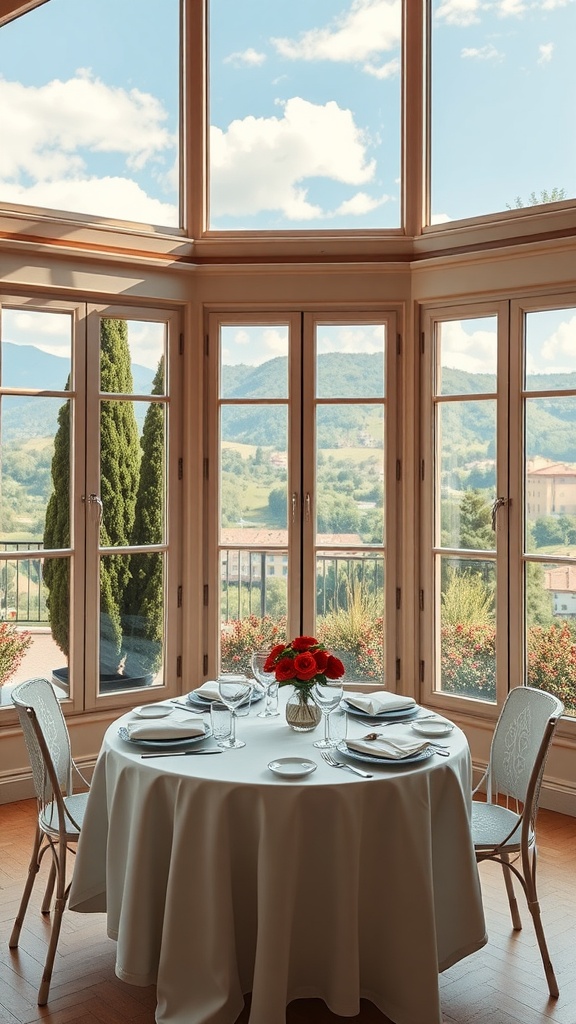 Luxurious Italian dining room with a beautiful view of hills and greenery