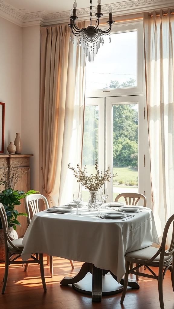 A cozy dining room with breezy linen drapes, a round table set for a meal, and a view of greenery outside.