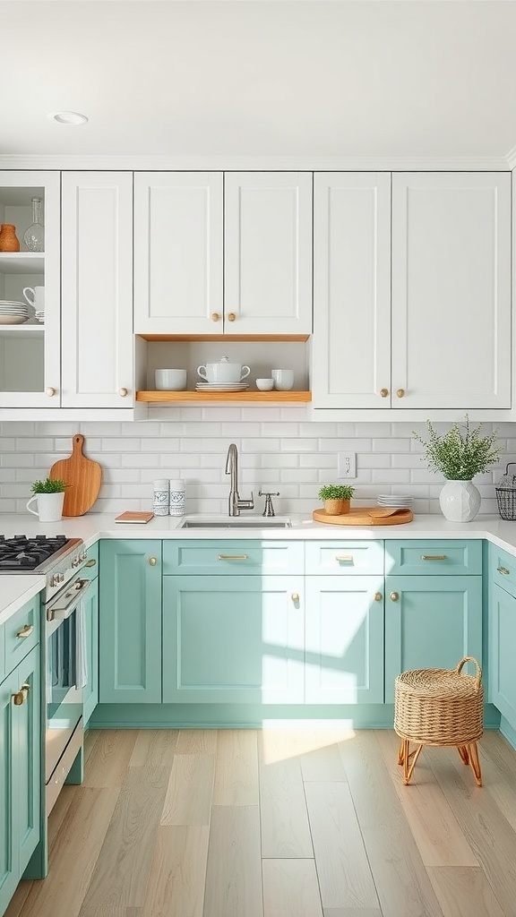 A kitchen with seafoam green lower cabinets and white upper cabinets, featuring a wooden shelf and stylish decor.